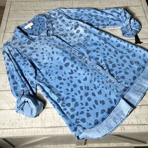 Side Stitch Tencera Button Down Animal Print Shirt Blue Small New